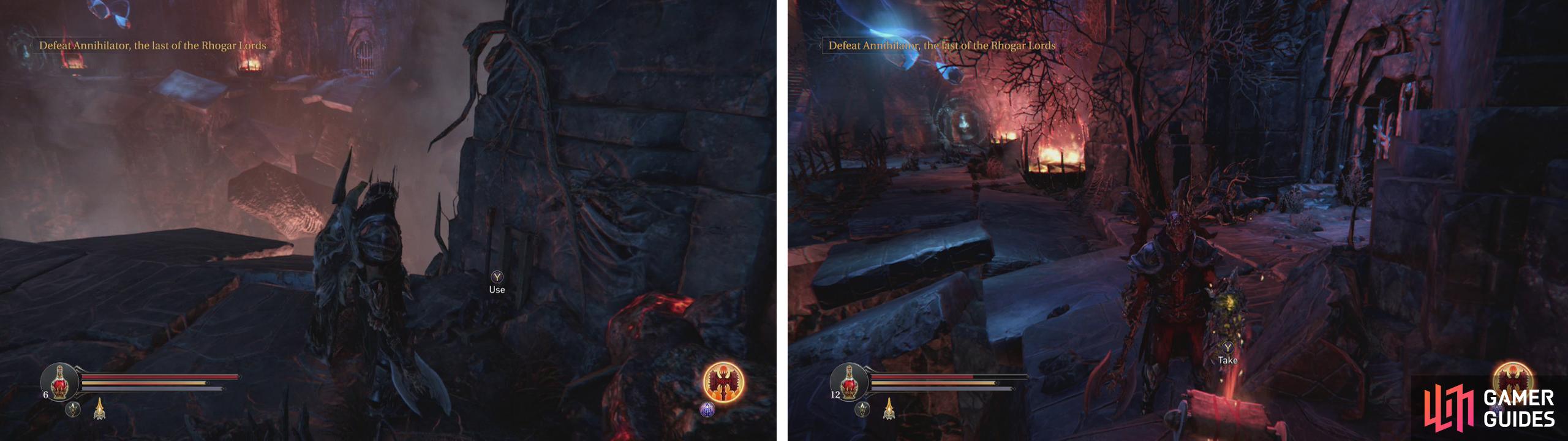 Pull the lever on the South Edge of the abyss room (left) to open the locked gate on the North side of the abyss (right). Inside is the Staff’s Head quest item.