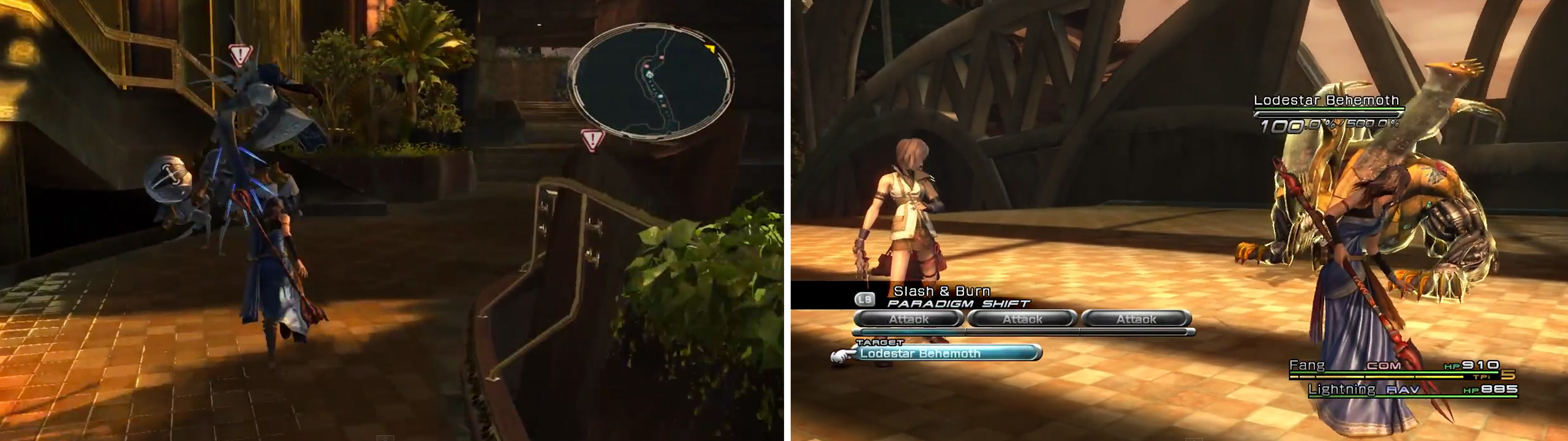 Gae Bolg Treasure Sphere location (left) and battle with a Lodestar Behemoth (right).