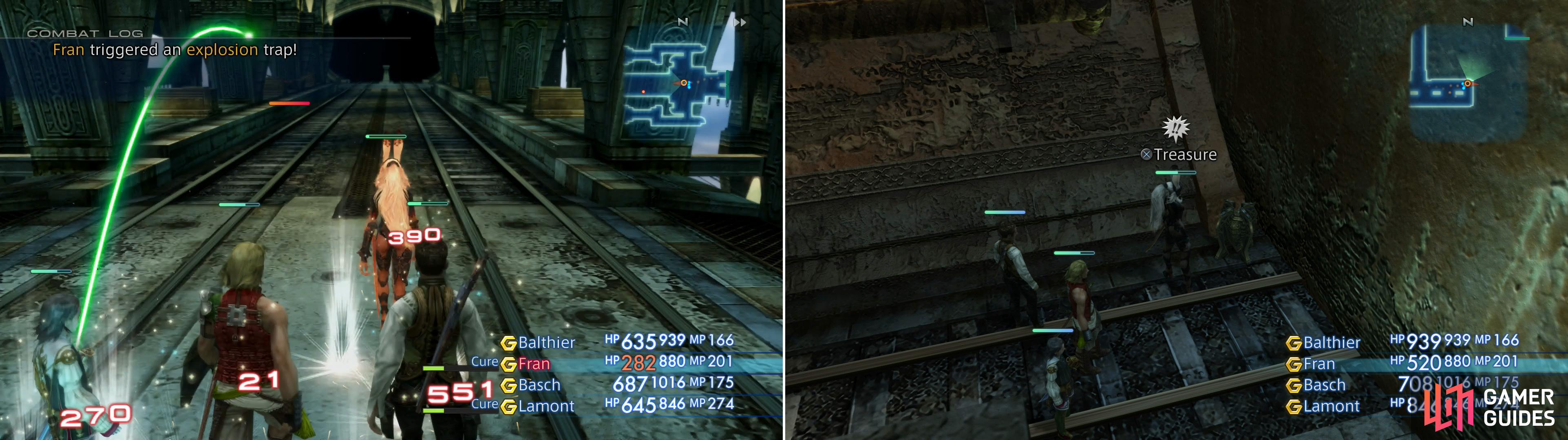 Traps make their debut in the Lhusu Mines, and provide a good reason to keep Libra active at all times (left). New treasures can also be found throughout the Lhusu Mines (right).