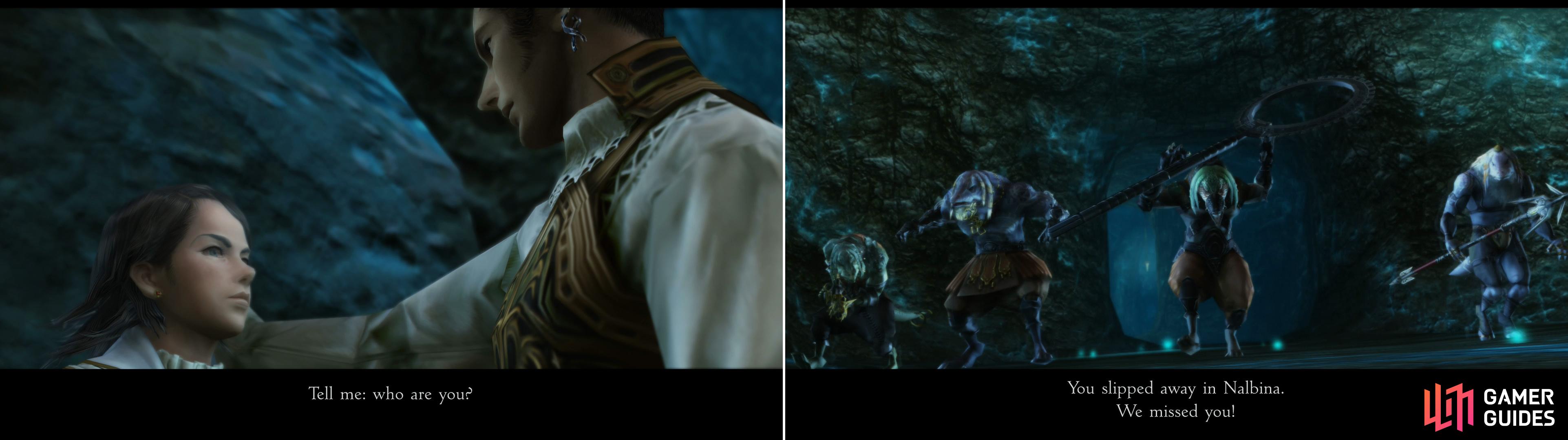 Lamont’s activities late in the mine provoke Balthier’s suspicion (left), but fortunately for the deceptive youth, Ba’Gamnan interrupts the interrogation (right).