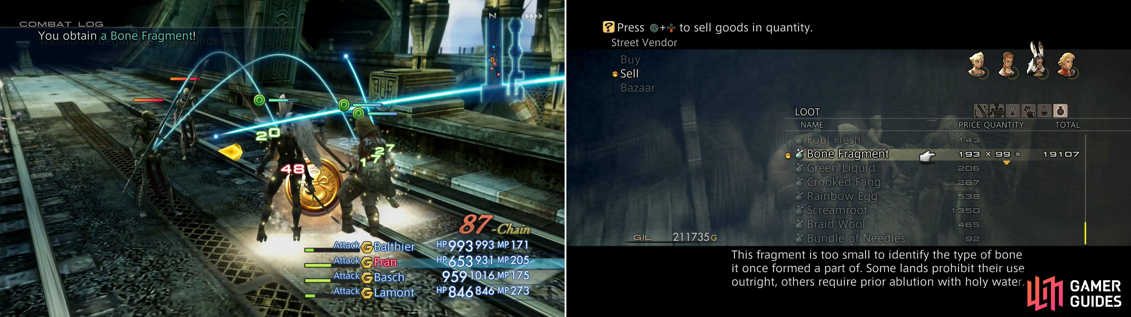 Undead are the only enemies that spawn in the Shunia Twinspan, allowing you to easily chain them (left). A full stack of Bone Fragments will net you a health amount of Gil (right).