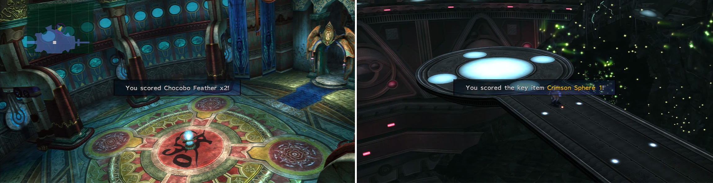 Be on the look out for new chests that have appeared (left). After the scenes in the Underground, pick up the Crimson Sphere 1 (right) from the floor nearby.