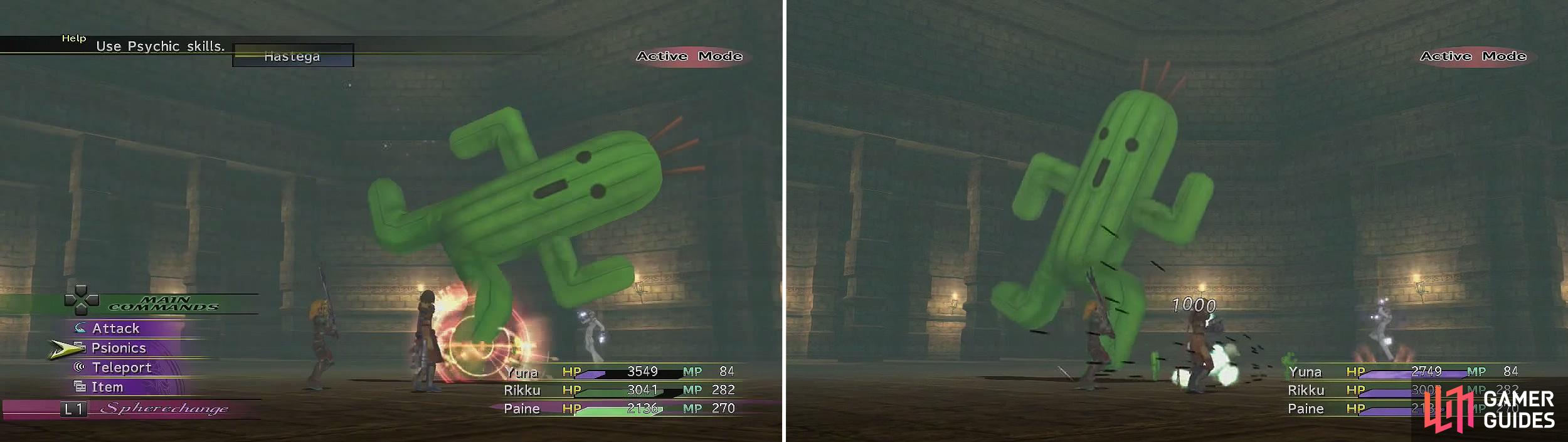 The only thing Jumbo Cactuar will do is Hastega (left). The little ones are more dangerous with 1000 Needles (right) and 3000 Needles Special so kill them quickly.