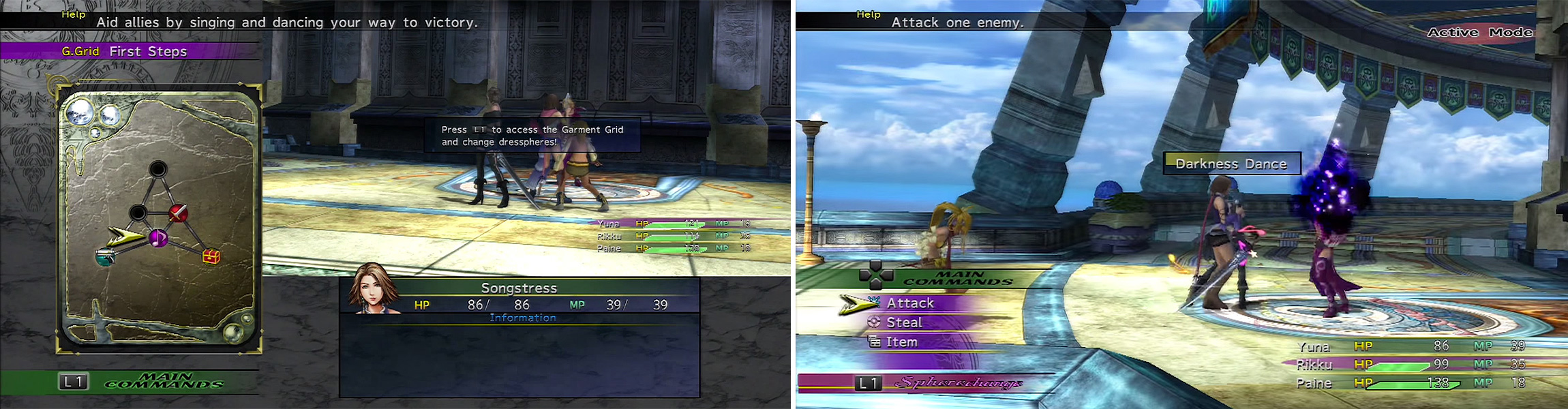 The Garment Grids (left) each have their own parameters and dressphere allowances. Songstress (right) is the Bard of FFX-2 by which they can debilitate enemies using status ailments.