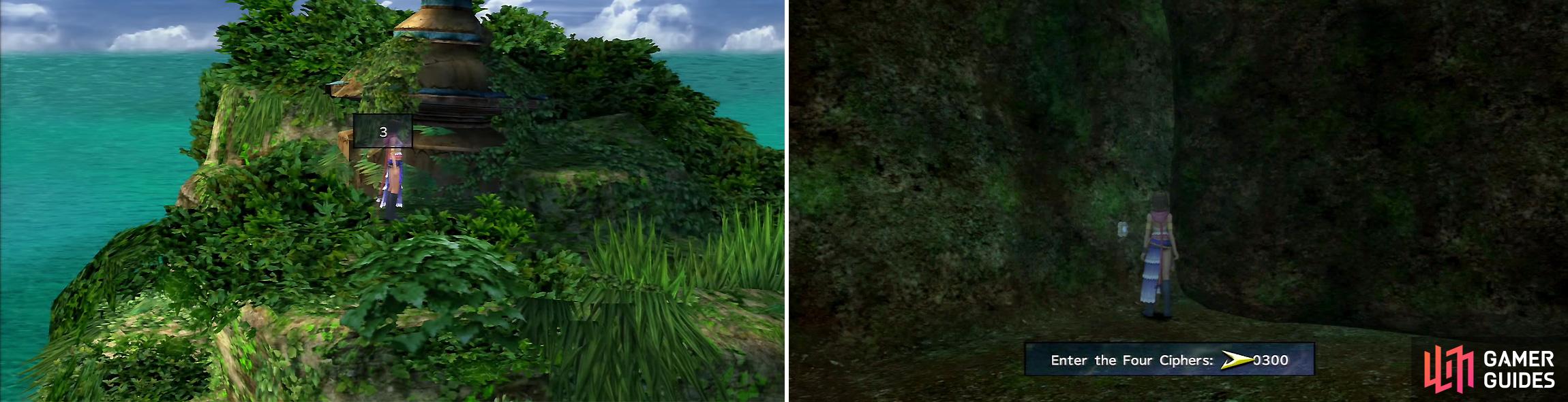 You can find two Ciphers in the beach area (left). The input for the second set is inside the cave (right).