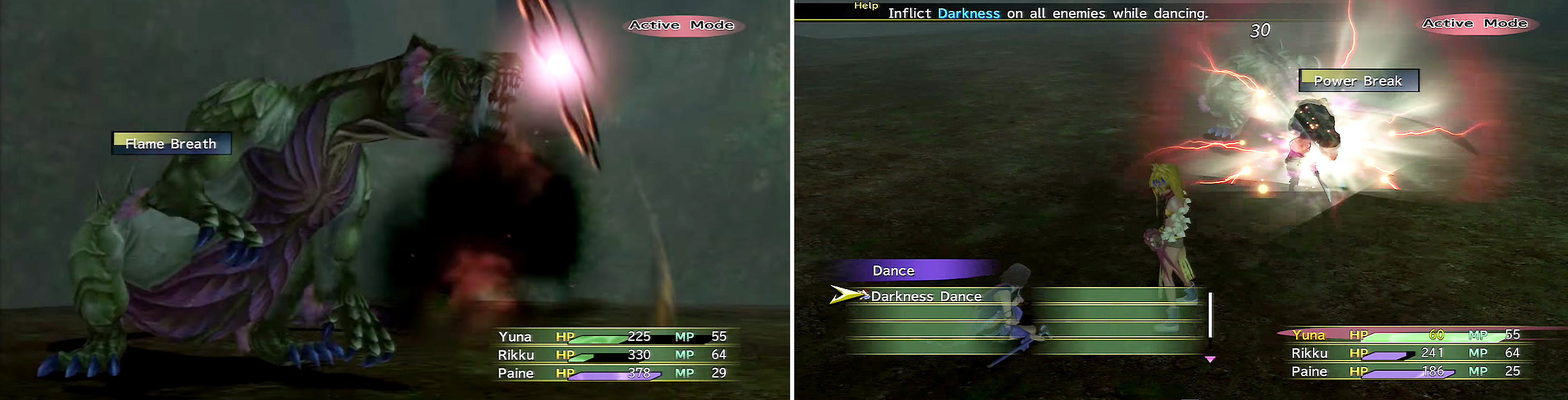 Flame Breath (left) is quite powerful so if you have Fire resistance, use it now. Power Break and Darkness Dance (right) are great ideas for this battle.